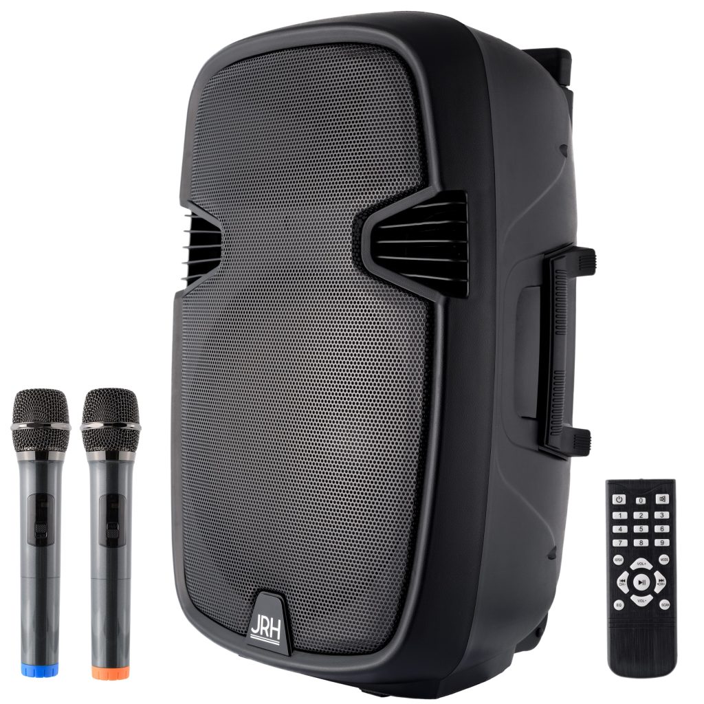 Boxă Portabilă JRH 15 Inch 1000W cu Bluetooth, 2 Microfoane Wireless și Design Trolley cu Roți – Sistem Audio Karaoke Puternic pentru Petreceri