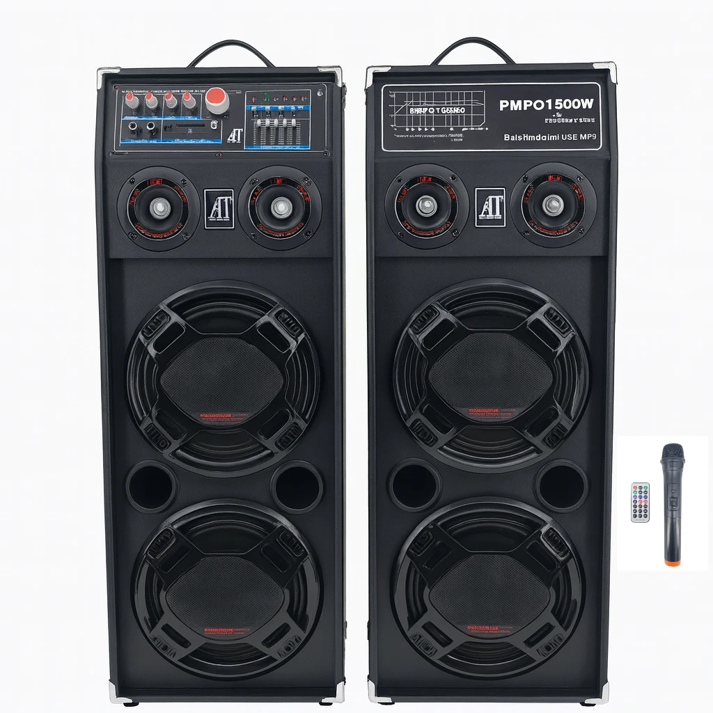 Sistem Audio Profesional 1500W cu Bluetooth, USB, Radio FM și Microfon Wireless – Set Boxe Puternice pentru Petreceri și Evenimente
