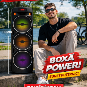 Boxa portabila 500W pentru petreceri cu 3 difuzoare, lumini LED si microfon wireless CADOU – sunet puternic
