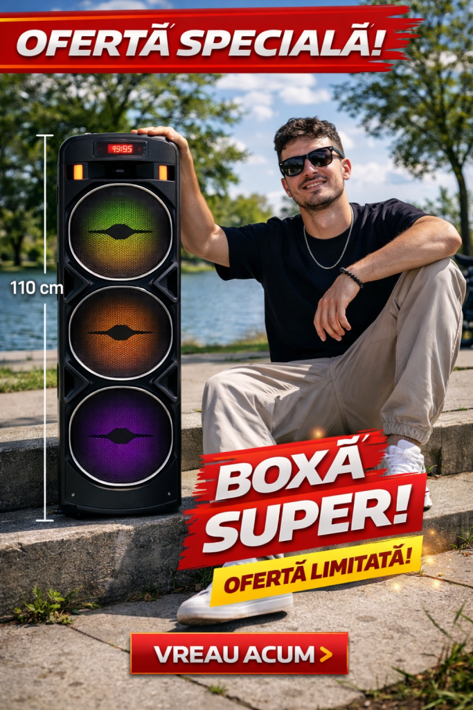 Boxa portabila 500W pentru petreceri cu 3 difuzoare, lumini LED si microfon wireless CADOU – sunet puternic