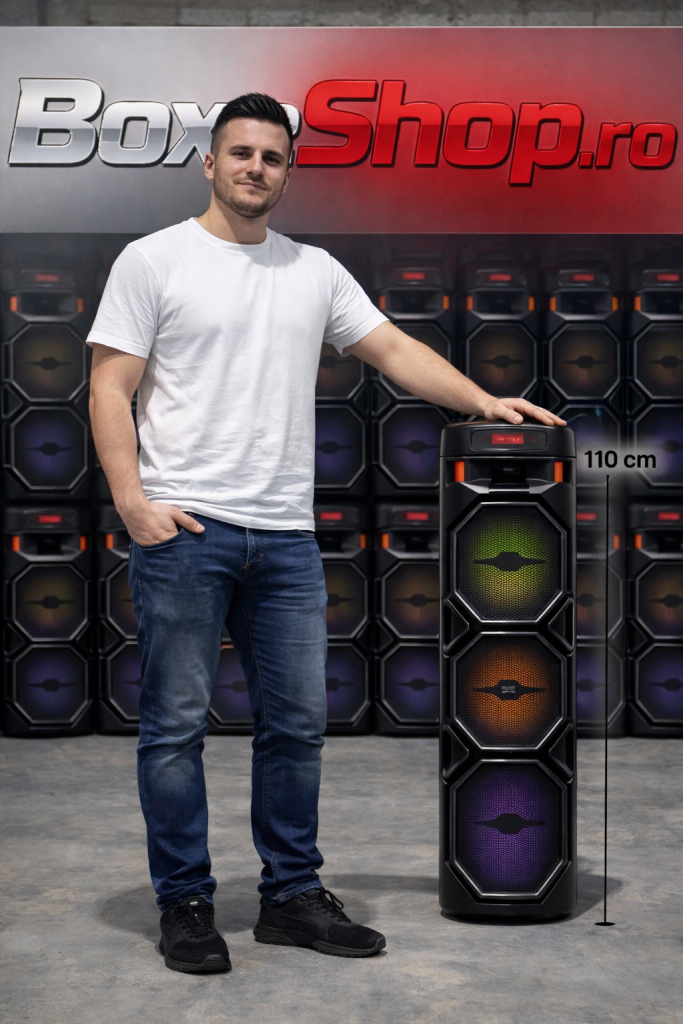 Boxa portabila 500W pentru petreceri cu 3 difuzoare, lumini LED si microfon wireless CADOU – sunet puternic